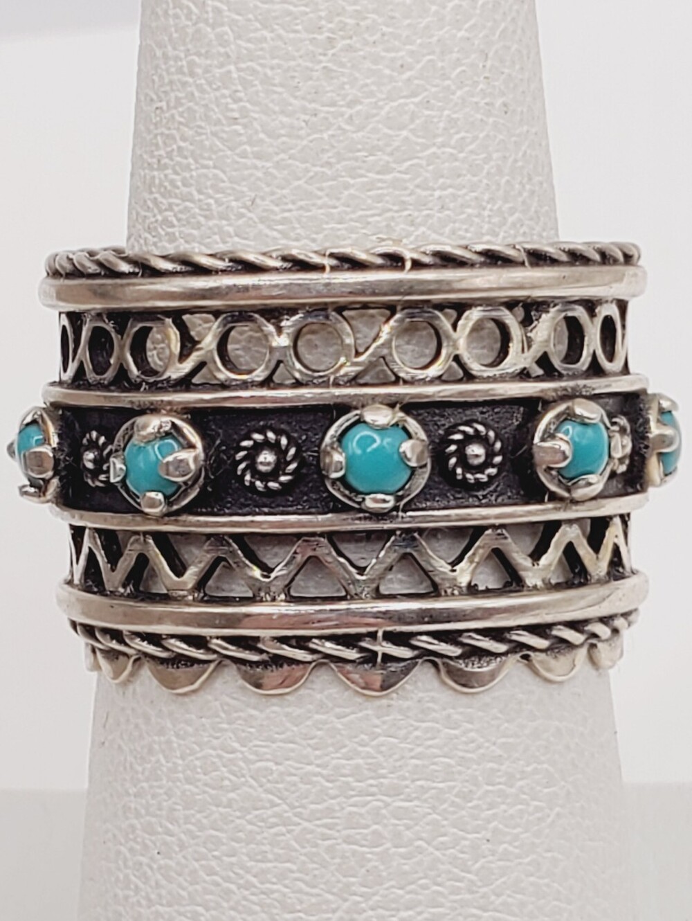 Genuine Cabochon Multi Turquoise 925 Sterling Silver Ring Cuff Intricate Band